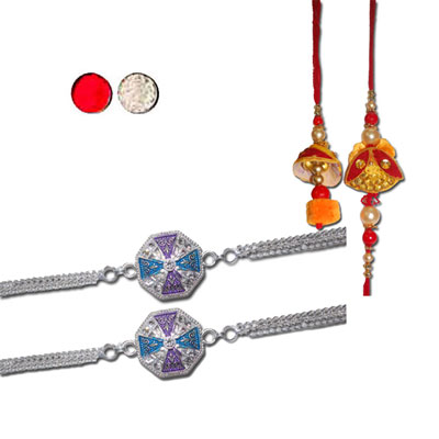 "Silver Coated Rakhi - SIL-6040 A (2 Rakhis), Zardosi Bhaiya Bhabi Rakhi - BBR-910 A - Click here to View more details about this Product